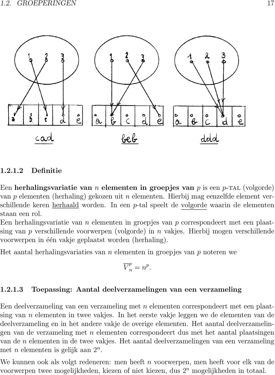 Een herhalingsvariatie van n elementen in groepjes van p correspondeert met een plaatsing van p verschillende voorwerpen (volgorde) in n vakjes.