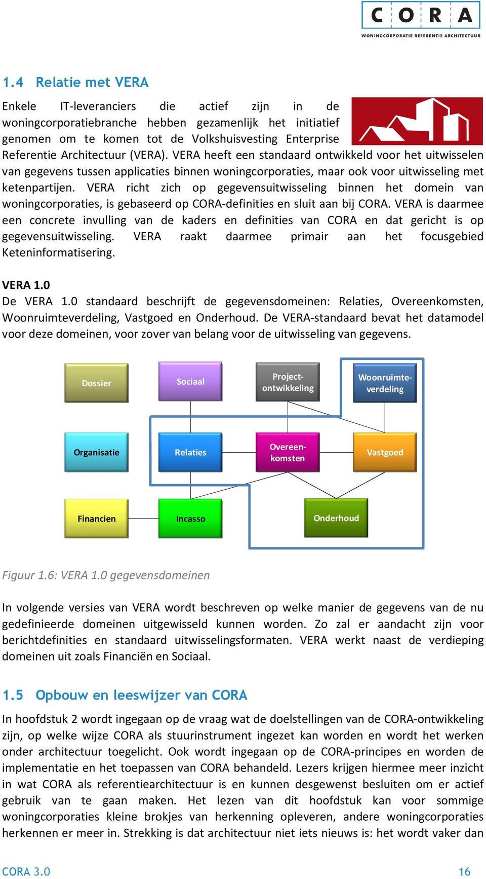 VERA richt zich op gegevensuitwisseling binnen het domein van woningcorporaties, is gebaseerd op CORA-definities en sluit aan bij CORA.