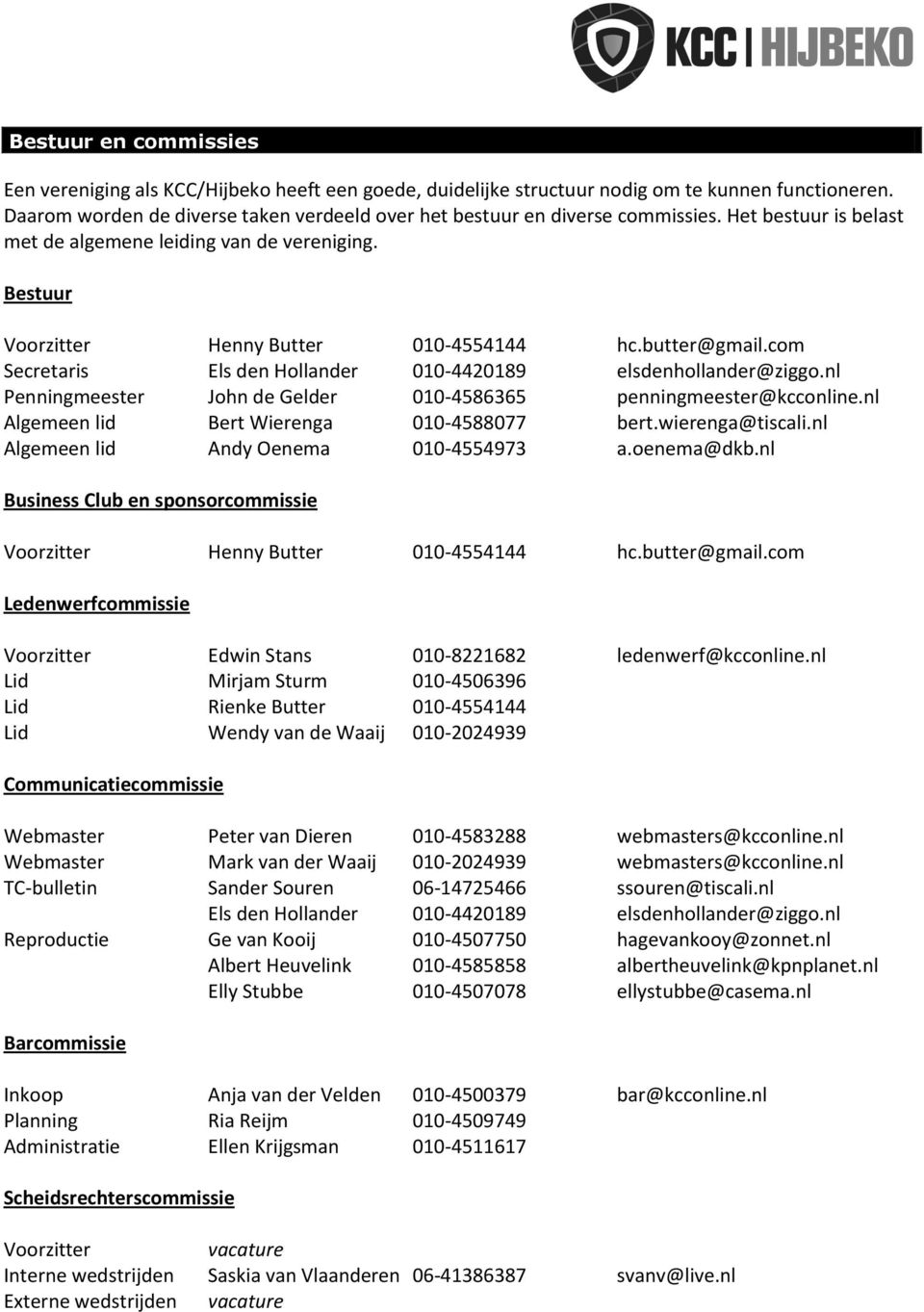 butter@gmail.com Secretaris Els den Hollander 010-4420189 elsdenhollander@ziggo.nl Penningmeester John de Gelder 010-4586365 penningmeester@kcconline.nl Algemeen lid Bert Wierenga 010-4588077 bert.