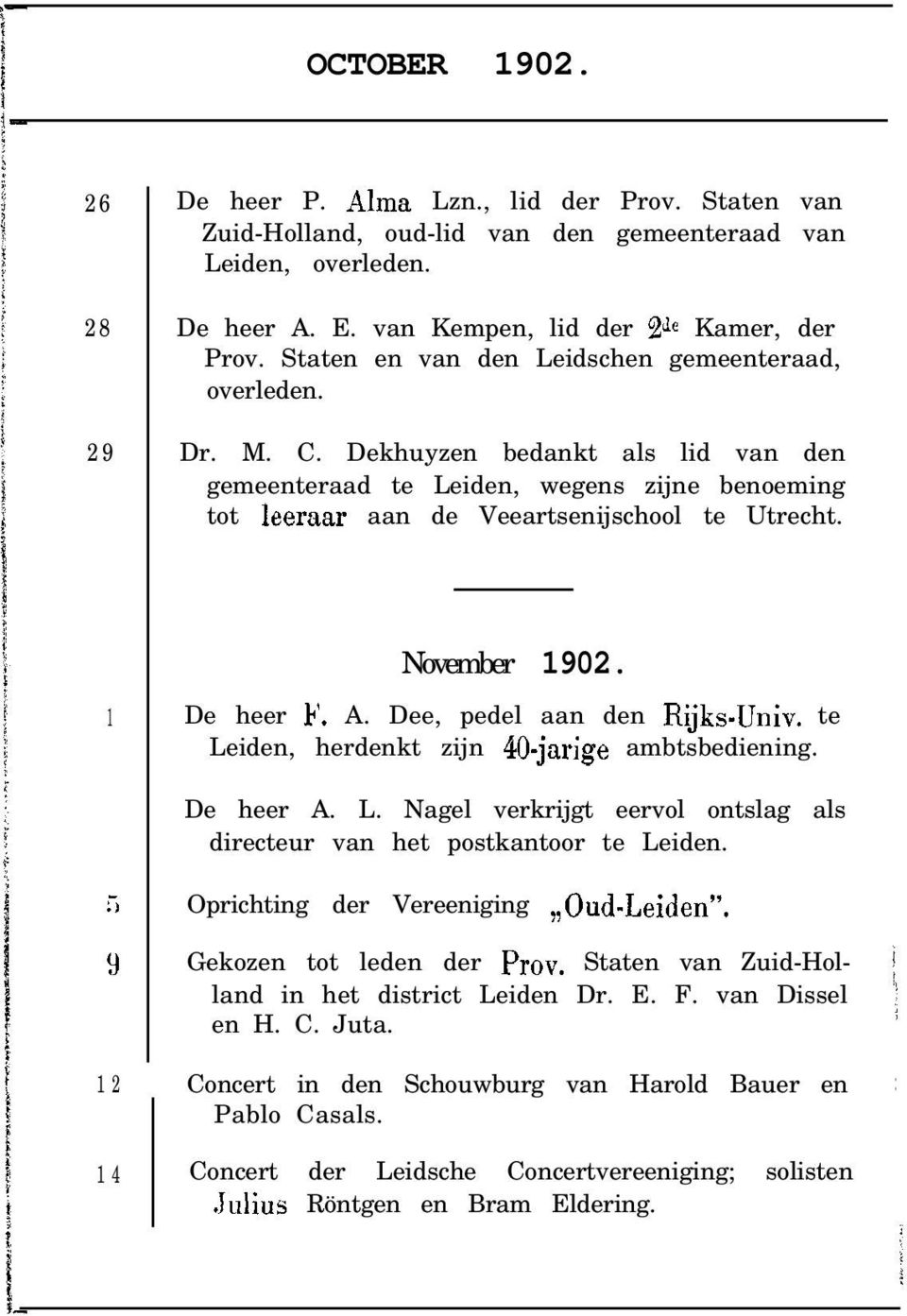 November 1902. 1 De heer F. A. Dee, pedel aan den Rijks-Univ. te Leiden, herdenkt zijn 40-jarige ambtsbediening. De heer A. L. Nagel verkrijgt eervol ontslag als directeur van het postkantoor te Leiden.