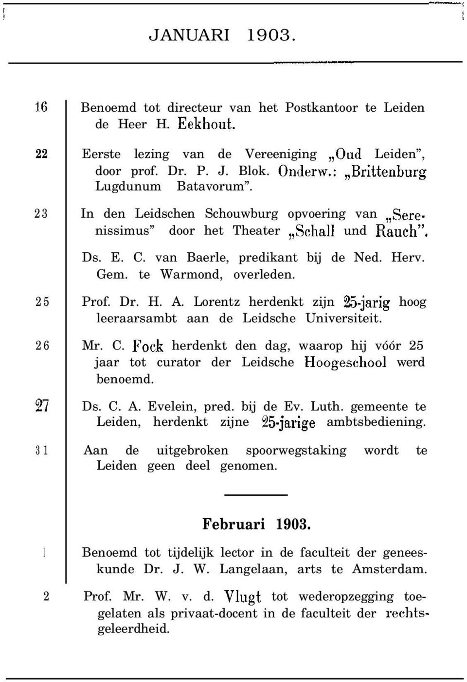 te Warmond, overleden. 25 26 21 31 Prof. Dr. H. A. Lorentz herdenkt zijn 25.jarig hoog leeraarsambt aan de Leidsche Universiteit. Mr. C.