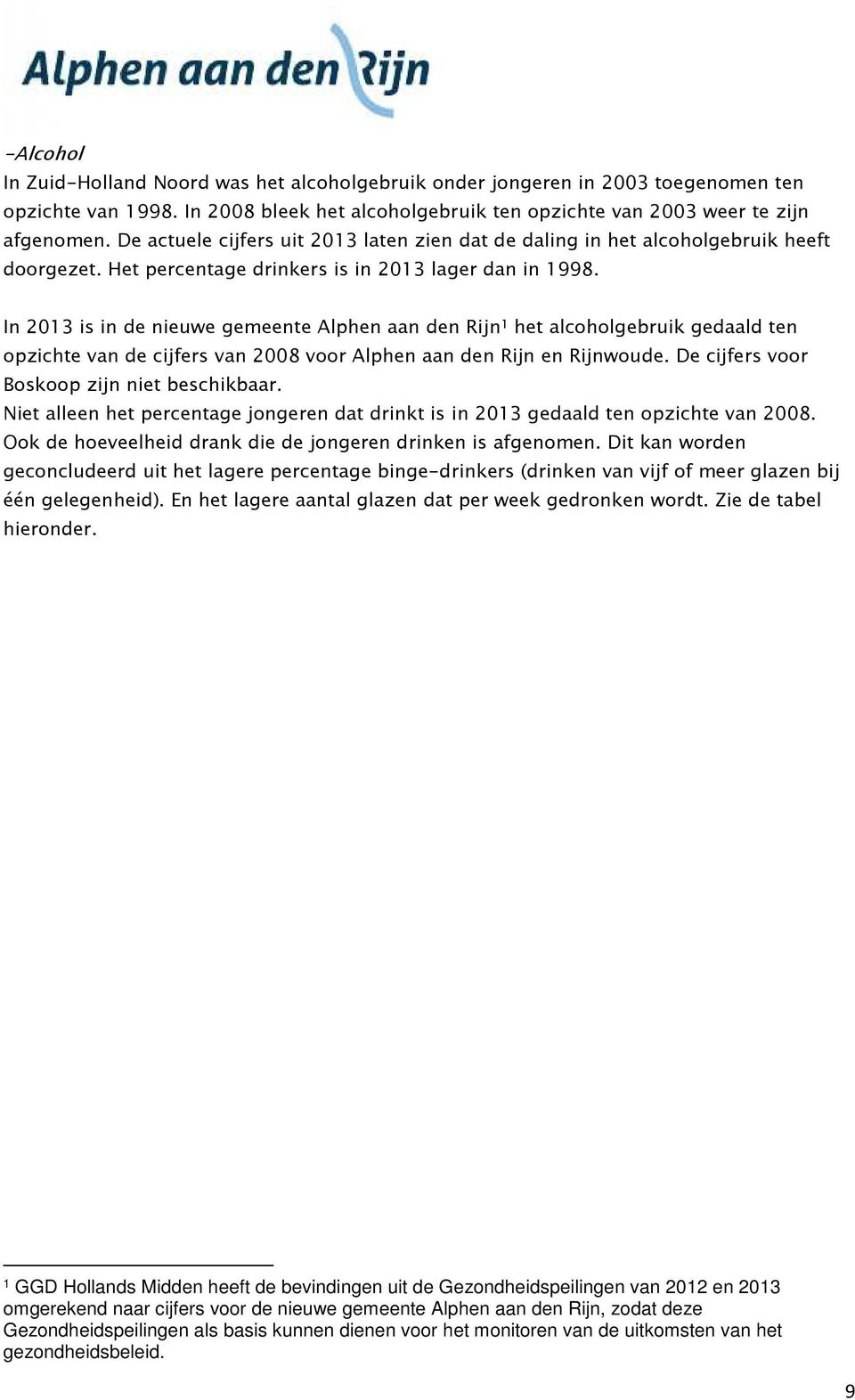 In 2013 is in de nieuwe gemeente Alphen aan den Rijn 1 het alcoholgebruik gedaald ten opzichte van de cijfers van 2008 voor Alphen aan den Rijn en Rijnwoude.