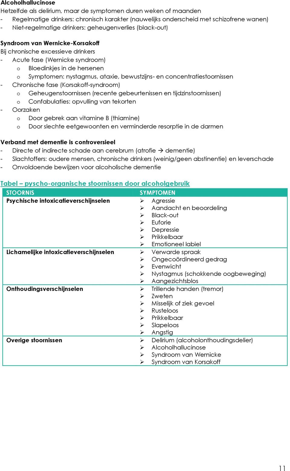 bewustzijns- en concentratiestoornissen - Chronische fase (Korsakoff-syndroom) o Geheugenstoornissen (recente gebeurtenissen en tijdzinstoornissen) o Confabulaties: opvulling van tekorten - Oorzaken