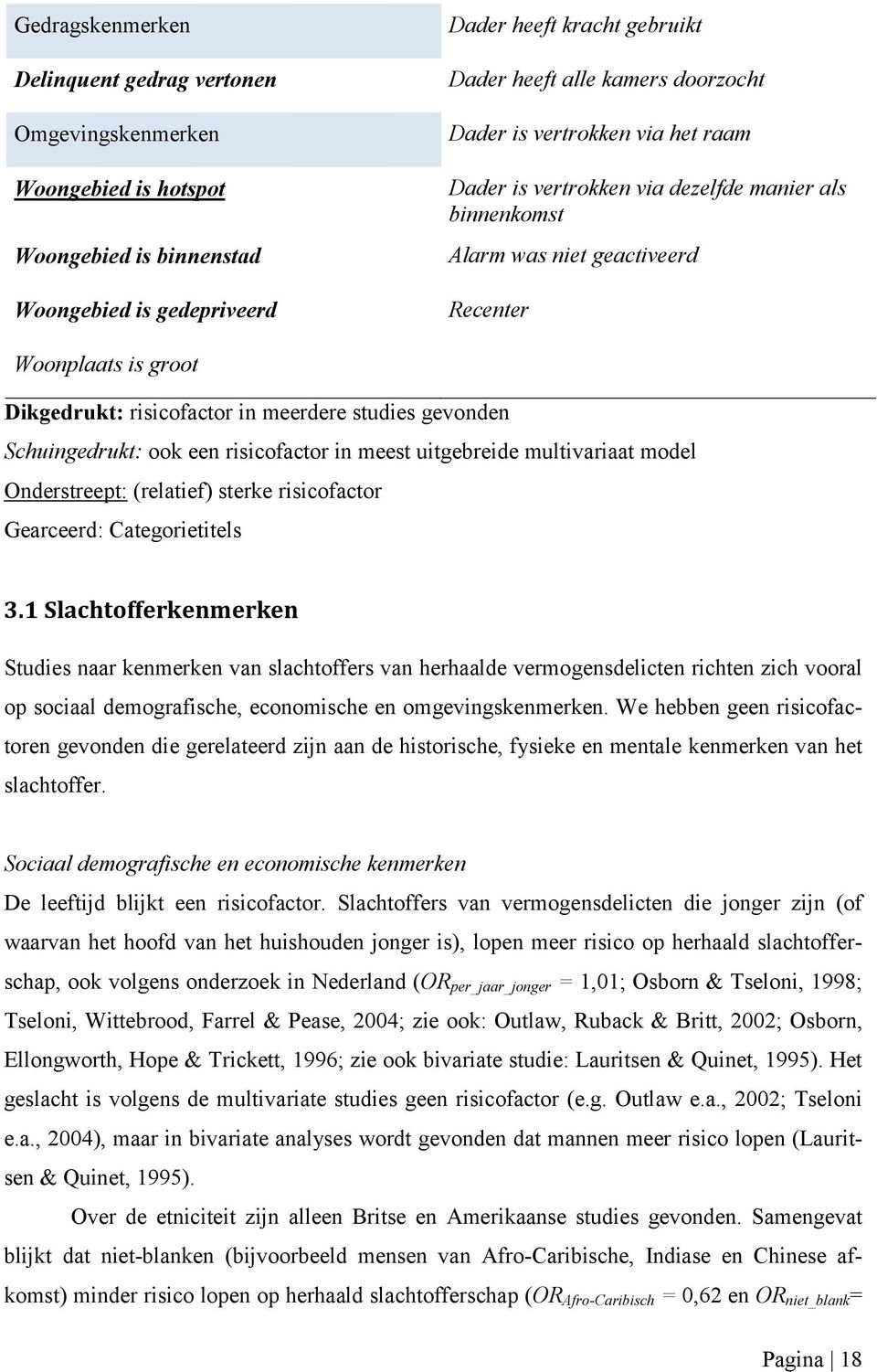 Schuingedrukt: ook een risicofactor in meest uitgebreide multivariaat model Onderstreept: (relatief) sterke risicofactor Gearceerd: Categorietitels 3.