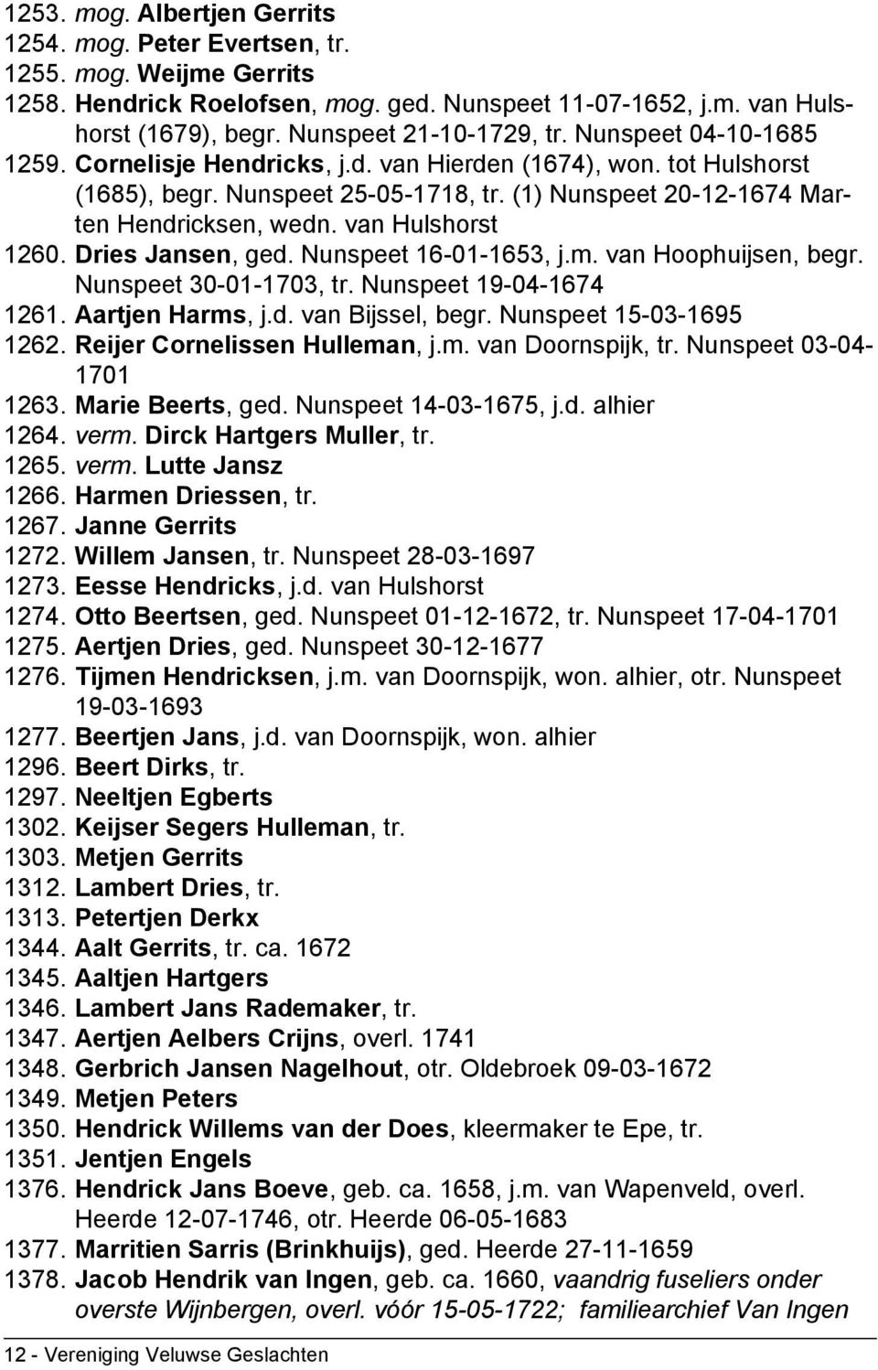 Dries Jansen, ged. Nunspeet 16-01-1653, j.m. van Hoophuijsen, begr. Nunspeet 30-01-1703, tr. Nunspeet 19-04-1674 1261. Aartjen Harms, j.d. van Bijssel, begr. Nunspeet 15-03-1695 1262.