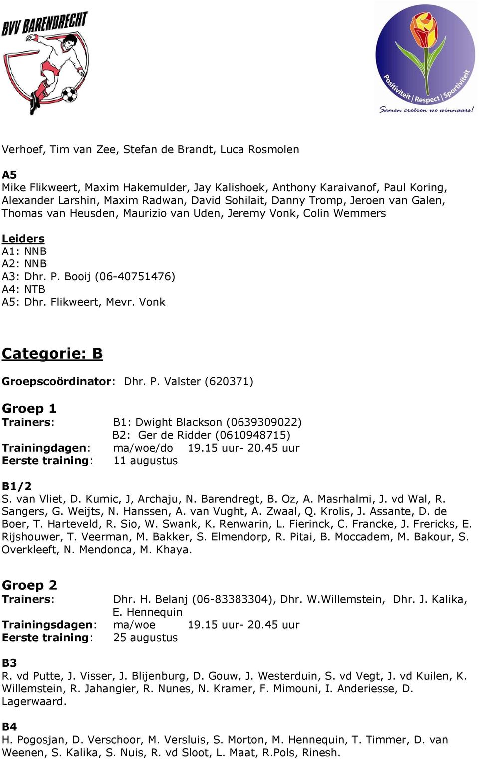 Vonk Categorie: B Groepscoördinator: Dhr. P. Valster (620371) Groep 1 Trainers: B1: Dwight Blackson (0639309022) B2: Ger de Ridder (0610948715) Trainingdagen: ma/woe/do 19.15 uur- 20.