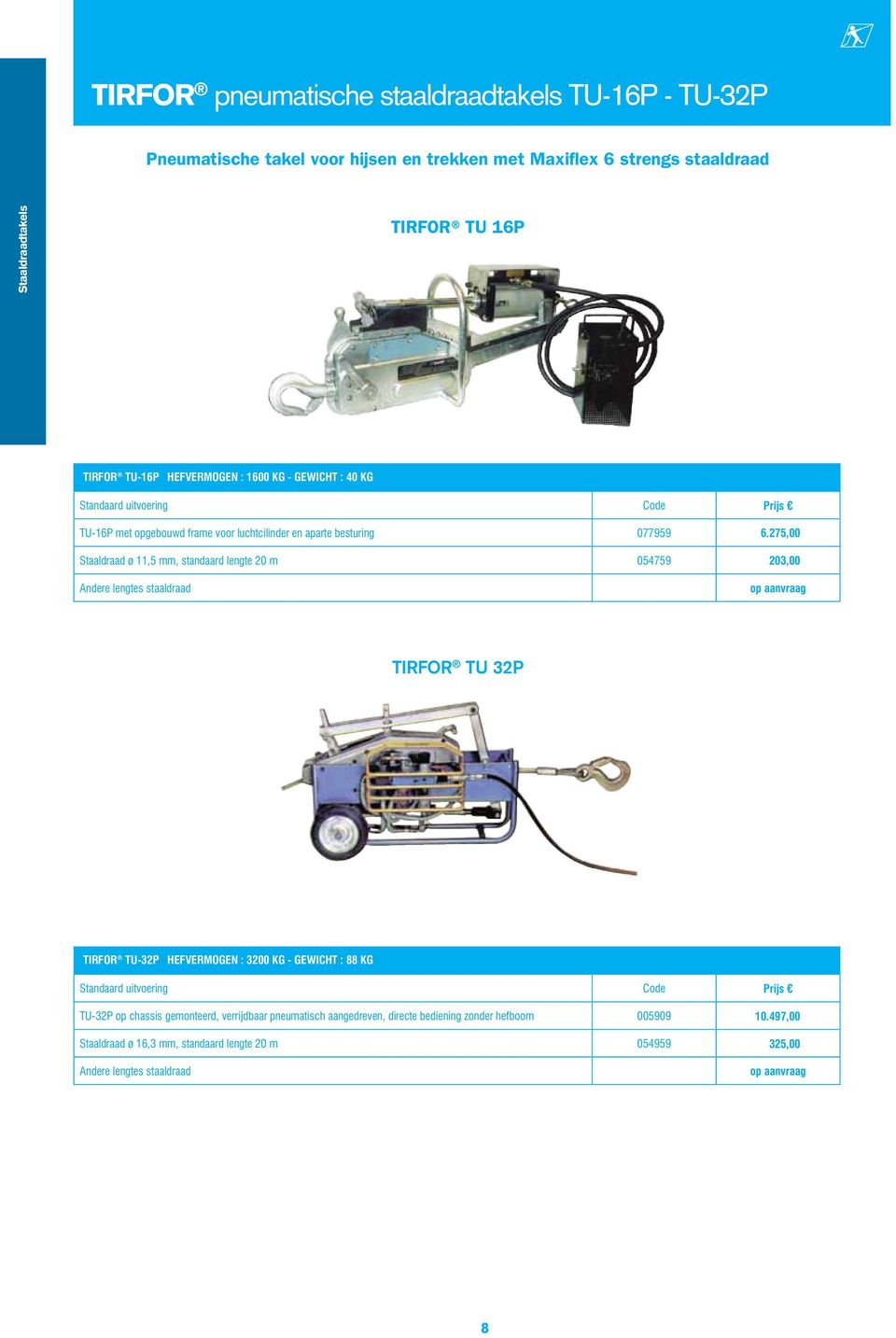 275,00 Staaldraad ø 11,5 mm, standaard lengte 20 m 054759 203,00 Andere lengtes staaldraad op aanvraag TIRFOR TU 32P TIRFOR TU-32P Hefvermogen : 3200 kg - Gewicht : 88 kg Standaard