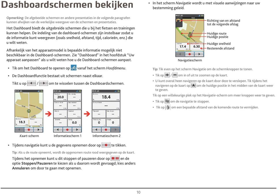 Het Dashboard biedt de uitgebreide schermen die u bij het fietsen en trainingen kunnen helpen.