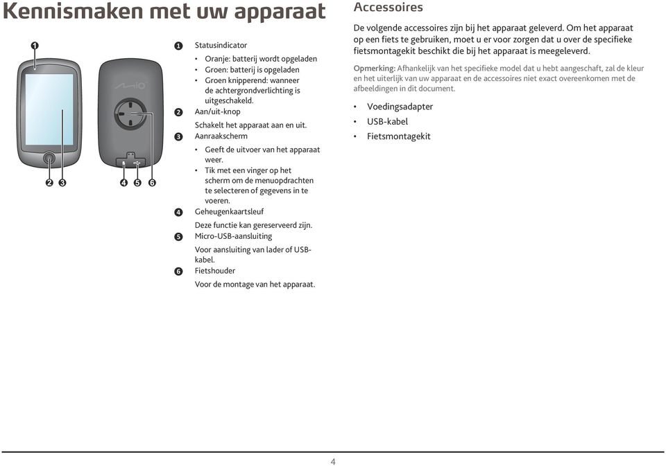 Geheugenkaartsleuf Deze functie kan gereserveerd zijn. Micro-USB-aansluiting Voor aansluiting van lader of USBkabel. Fietshouder Voor de montage van het apparaat.