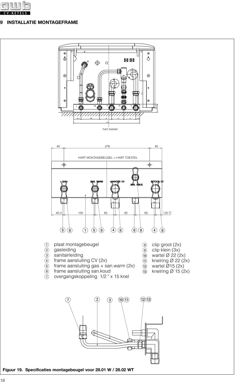 7 5 9 1 5 9 4 8 6 9 4 8 1 plaat montagebeugel 2 gasleiding 3 sanitairleiding 4 frame aansluiting CV (2x) 5 frame aansluiting gas + san.