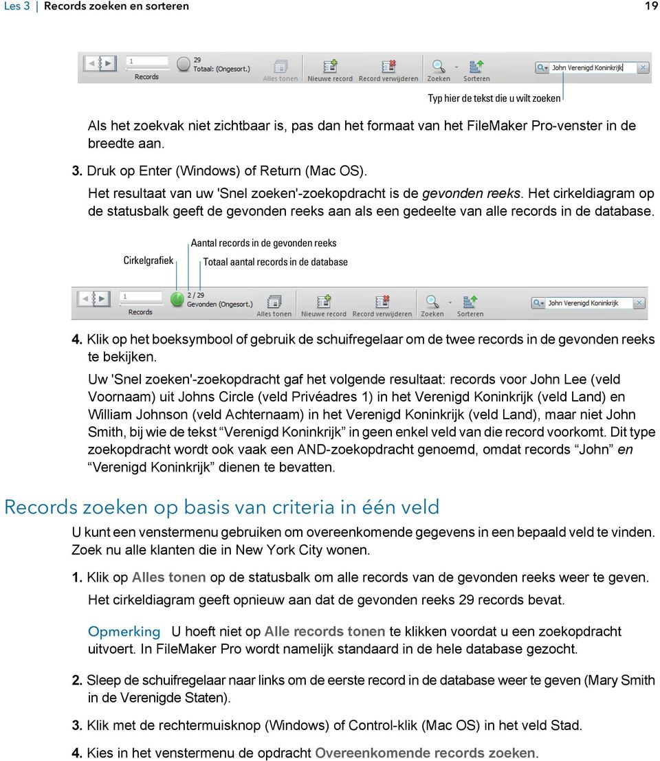 Het cirkeldiagram op de statusbalk geeft de gevonden reeks aan als een gedeelte van alle records in de database.