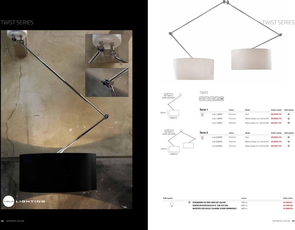 2x60w Chrome Excl. 60.0350.3 220mm max.2x60w Chrome White shade incl. (chintz 0) 60.0360.3 max.2x60w Chrome Black shade incl. (chintz 20) 60.036.3 Ø450mm Bulb (option) Lumen Standard ES PRO 46W E27 clear 700 lm 2.