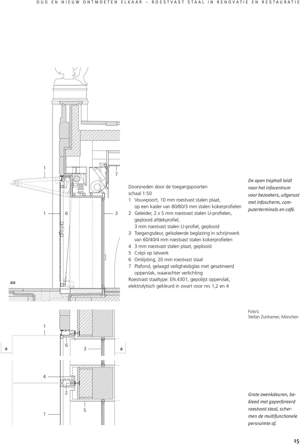 op latwerk 6 Omlijsting, 0 mm roestvast staal 7 Plafond, gelaagd veiligheidsglas met gesatineerd oppervlak, waarachter verlichting Roestvast staaltype: EN.