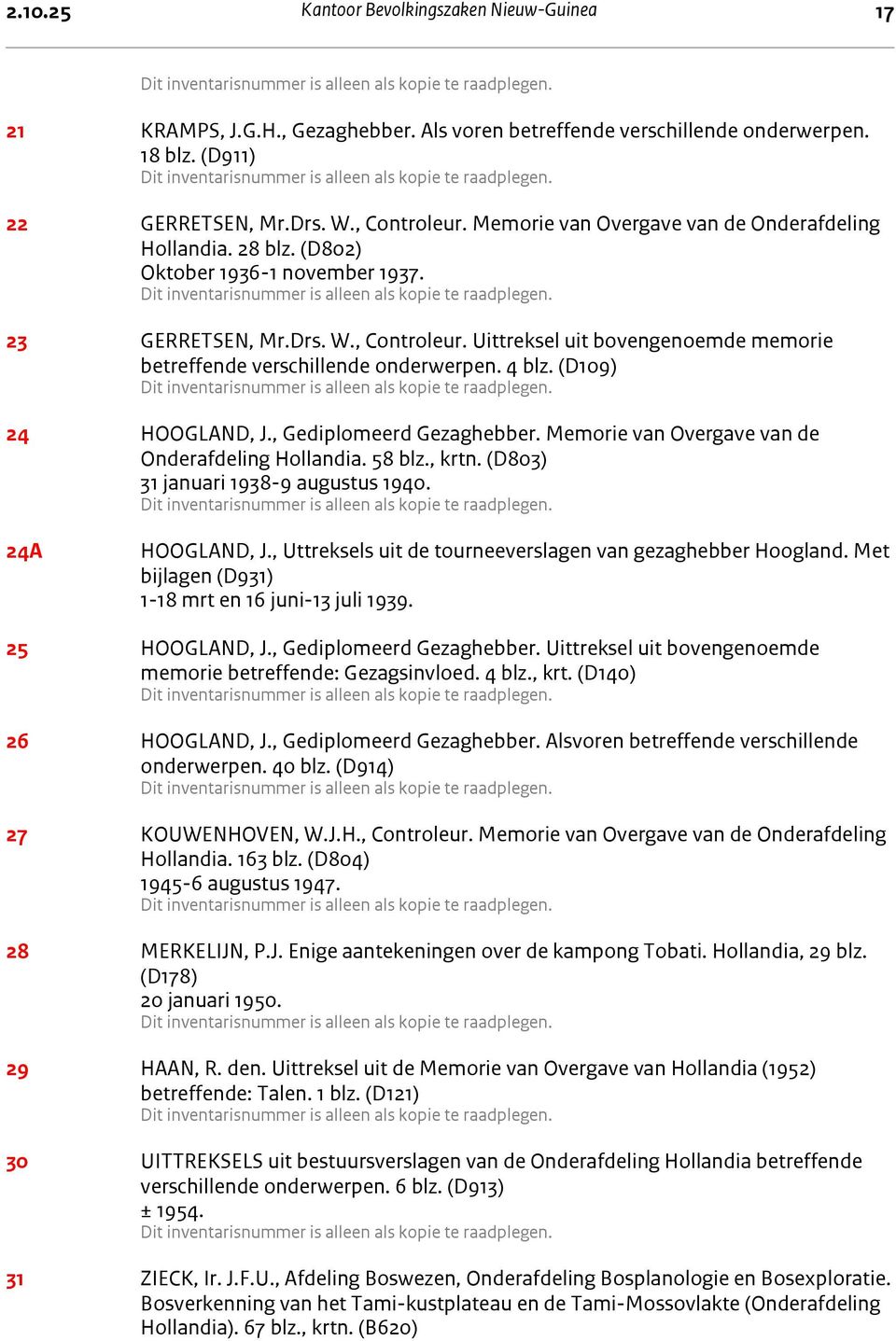 Uittreksel uit bovengenoemde memorie betreffende verschillende onderwerpen. 4 blz. (D109) 24 HOOGLAND, J., Gediplomeerd Gezaghebber. Memorie van Overgave van de Onderafdeling Hollandia. 58 blz., krtn.