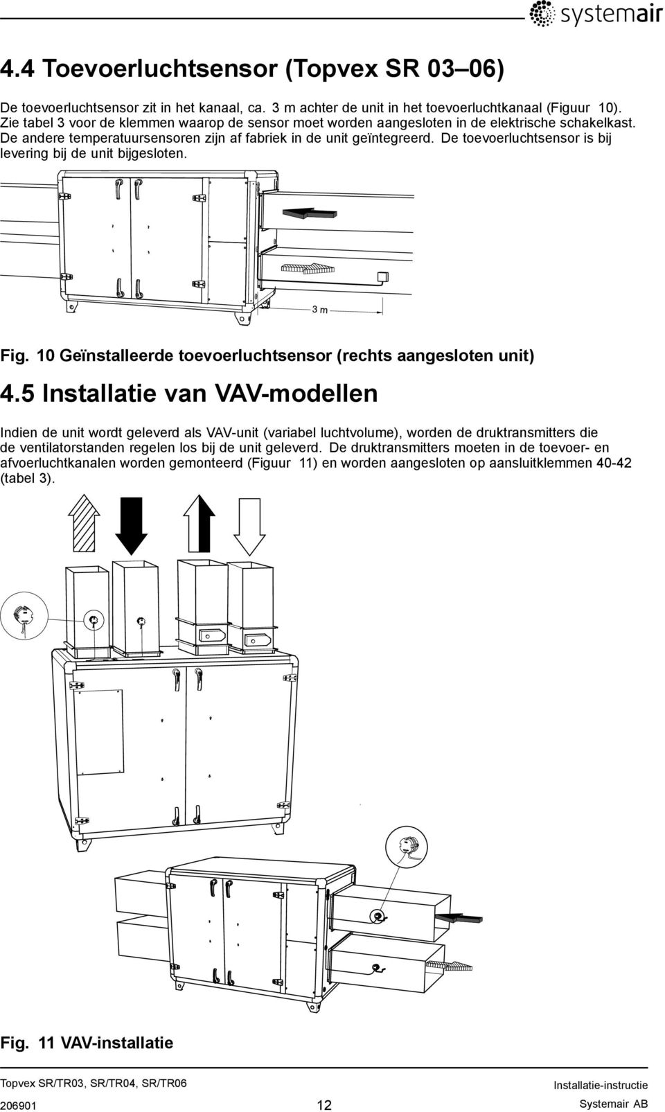 De toevoerluchtsensor is bij levering bij de unit bijgesloten. Fig. 10 Geïnstalleerde toevoerluchtsensor (rechts aangesloten unit) 4.