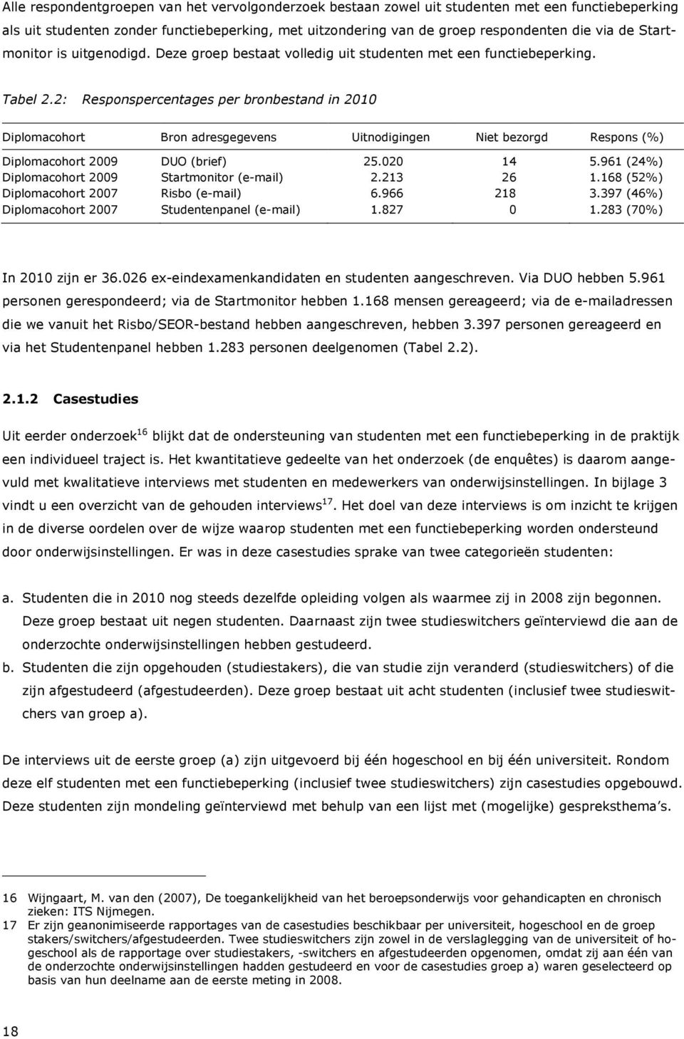 2: Responspercentages per bronbestand in 2010 Diplomacohort Bron adresgegevens Uitnodigingen Niet bezorgd Respons (%) Diplomacohort 2009 DUO (brief) 25.020 14 5.