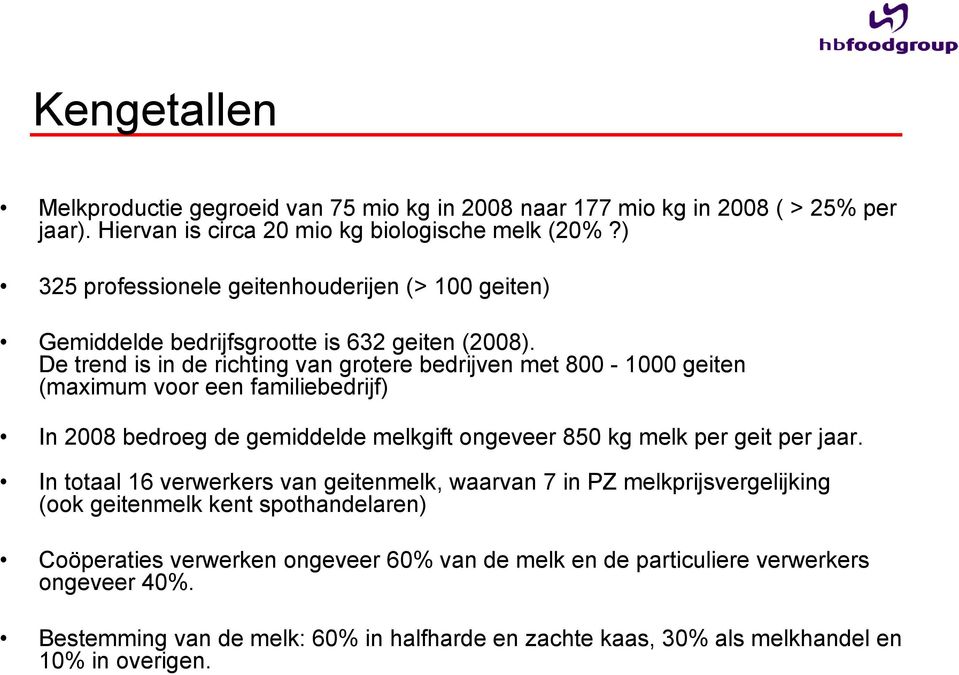 De trend is in de richting van grotere bedrijven met 800-1000 geiten (maximum voor een familiebedrijf) In 2008 bedroeg de gemiddelde melkgift ongeveer 850 kg melk per geit per jaar.