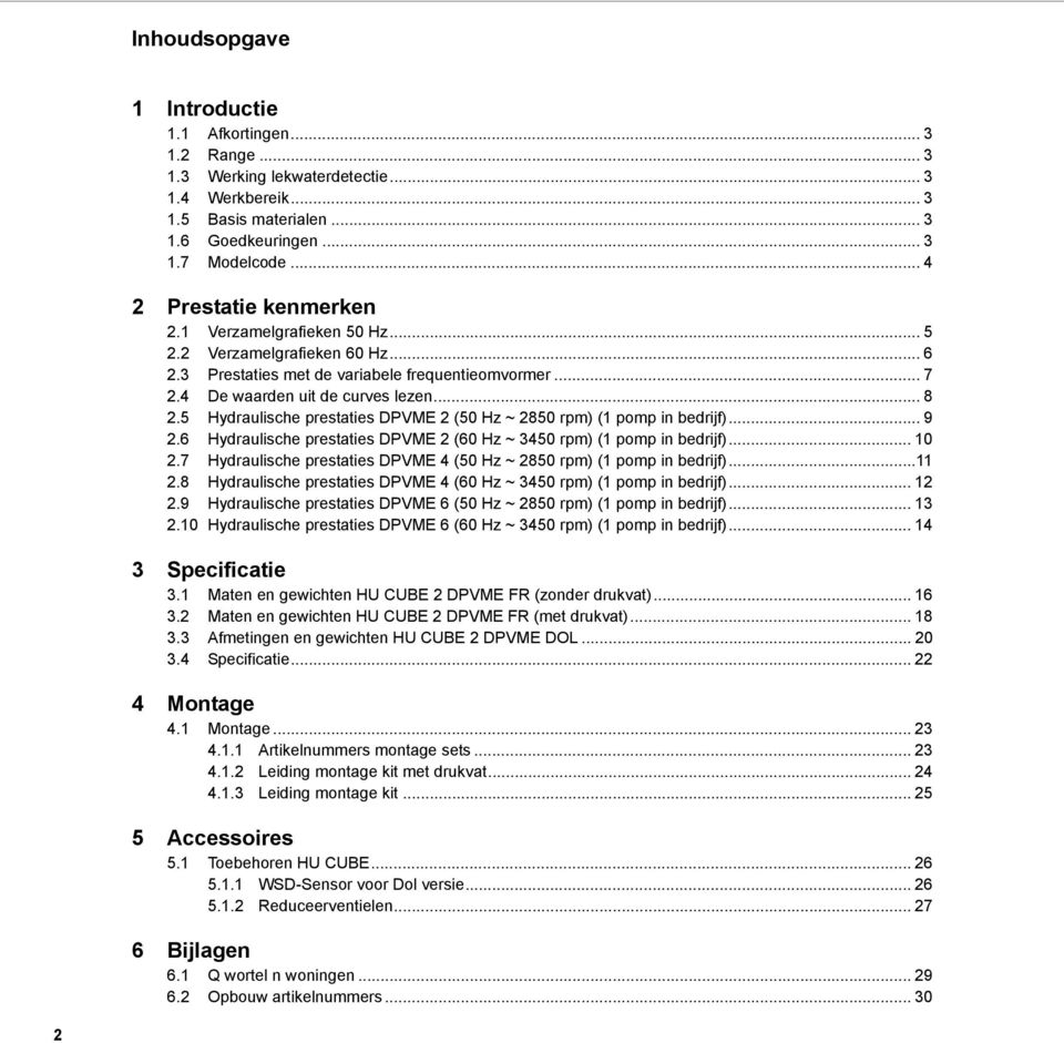 5 Hydraulische prestaties DPVME 2 (50 Hz ~ 2850 rpm) (1 pomp in bedrijf)... 9 2.6 Hydraulische prestaties DPVME 2 (60 Hz ~ 3450 rpm) (1 pomp in bedrijf)... 10 2.