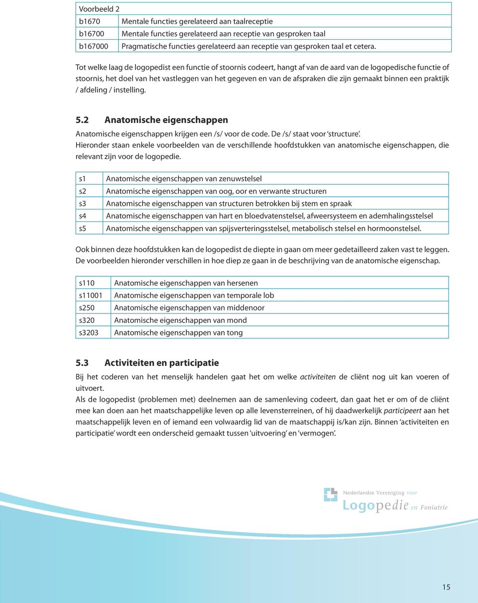 Tot welke laag de logopedist een functie of stoornis codeert, hangt af van de aard van de logopedische functie of stoornis, het doel van het vastleggen van het gegeven en van de afspraken die zijn