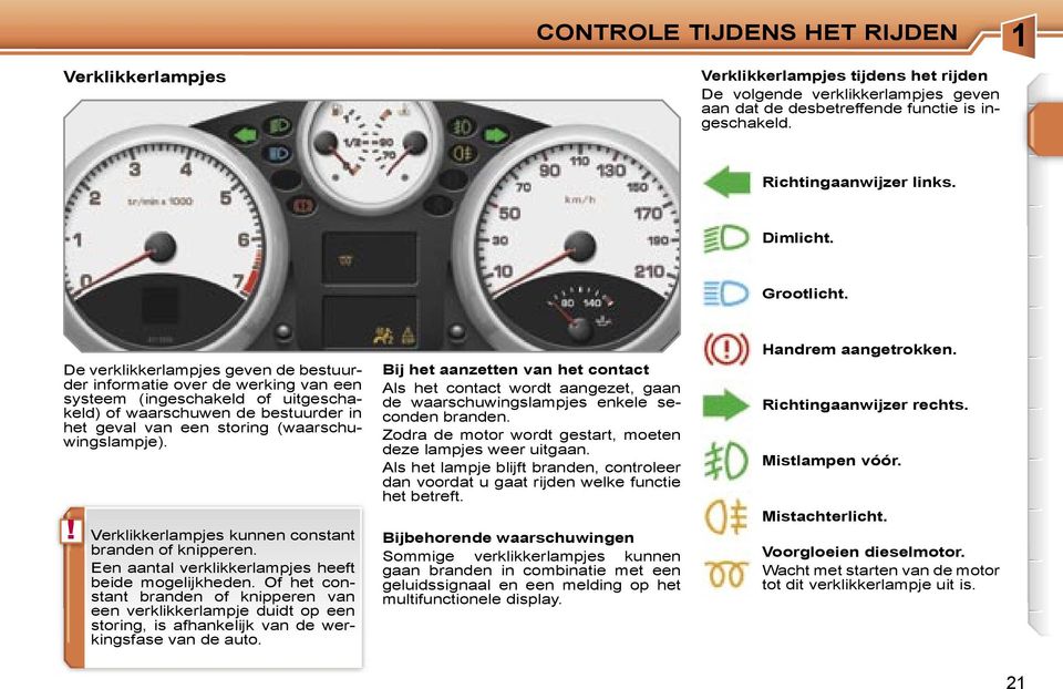 De verklikkerlampjes geven de bestuurder informatie over de werking van een systeem (ingeschakeld of uitgeschakeld) of waarschuwen de bestuurder in het geval van een storing (waarschuwingslampje).