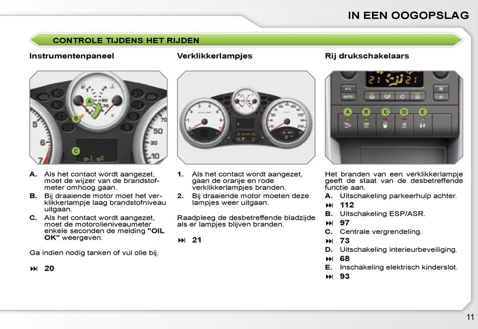 Ga indien nodig tanken of vul olie bij. 20 1. Als het contact wordt aangezet, gaan de oranje en rode verklikkerlampjes branden. 2. Bij draaiende motor moeten deze lampjes weer uitgaan.