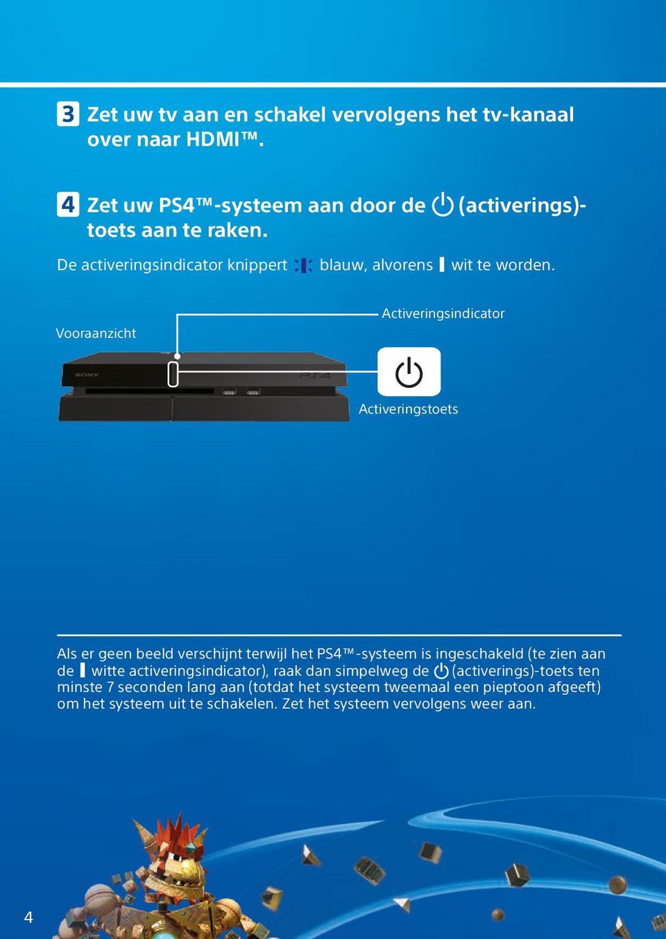 Activeringsindicator Vooraanzicht Activeringstoets Als er geen beeld verschijnt terwijl het PS4 -systeem is ingeschakeld (te zien aan