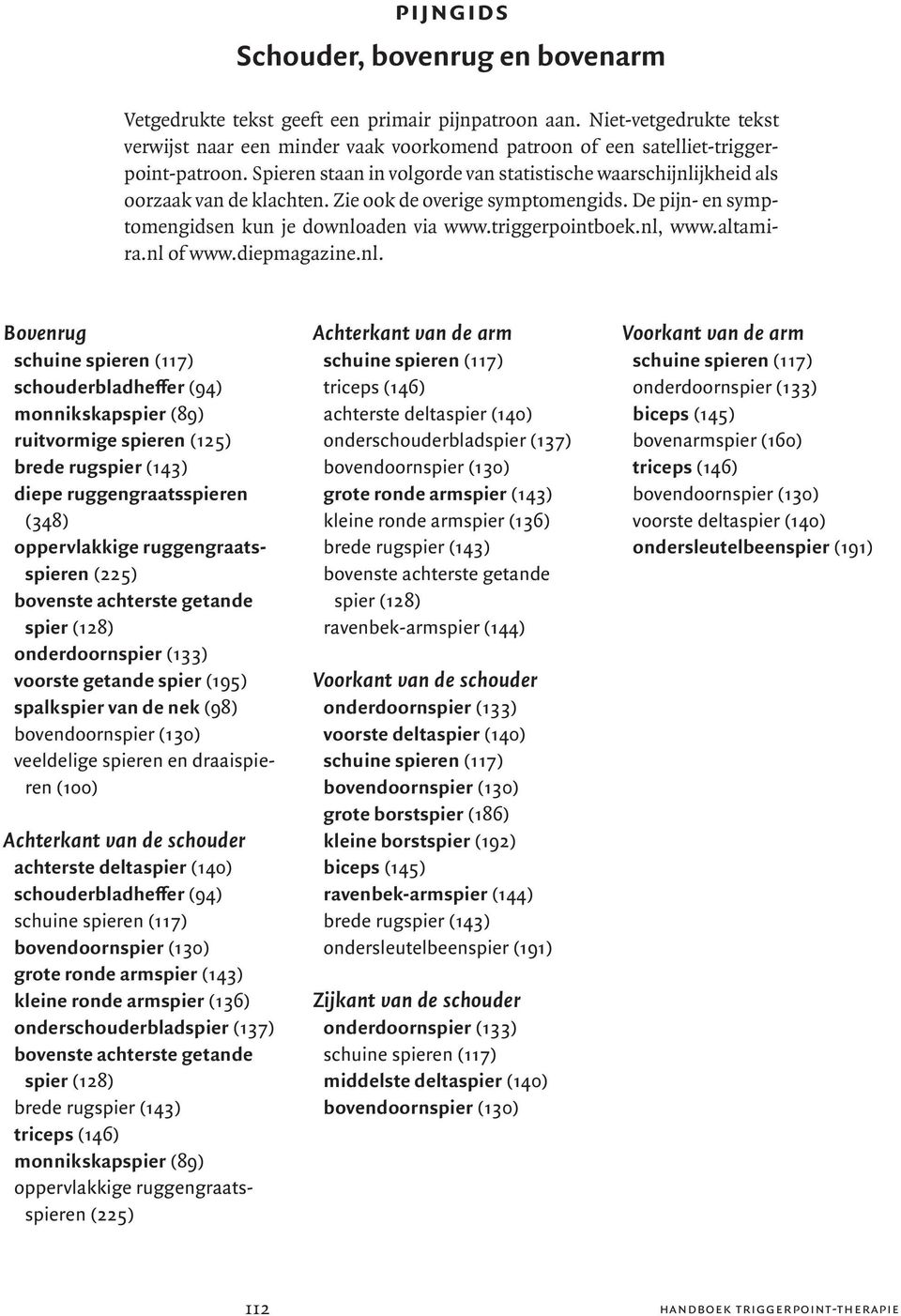 nl, www.altamira.nl of www.diepmagazine.nl. Bovenrug schouderbladheffer (94) monnikskapspier (89) diepe ruggengraatsspieren (348) oppervlakkige ruggengraatsspieren (225) spalkspier van de nek (98)