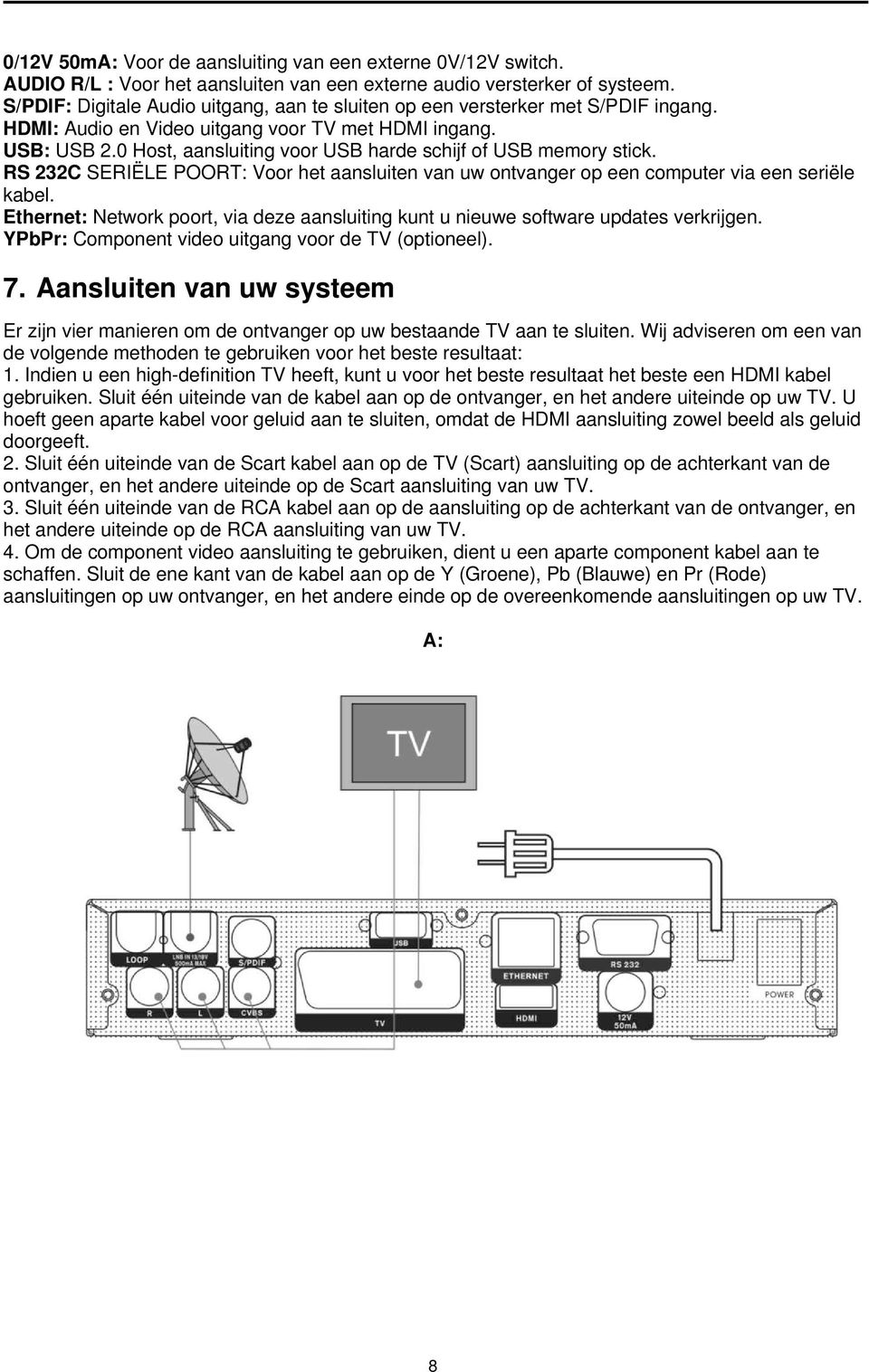 0 Host, aansluiting voor USB harde schijf of USB memory stick. RS 232C SERIËLE POORT: Voor het aansluiten van uw ontvanger op een computer via een seriële kabel.