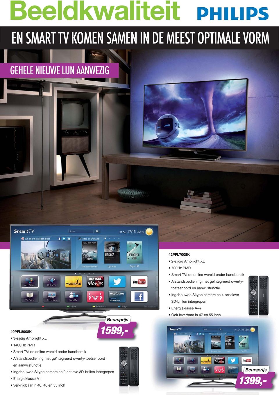 Energieklasse A+ Verkrijgbaar in 40, 46 en 55 inch 1599,- 42PFL7008K 2-zijdig Ambilight XL 700Hz PMR Smart TV: de online wereld onder handbereik