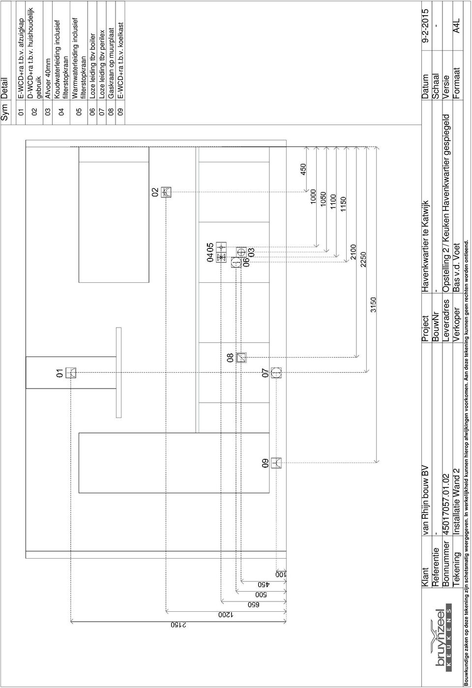 huishoudelijk 02 gebruik 03 Afvoer 40mm Koudwaterleiding inclusief 04 filterstopkraan Warmwaterleiding inclusief 05 filterstopkraan 06 Loze leiding tbv boiler 07 Loze leiding tbv