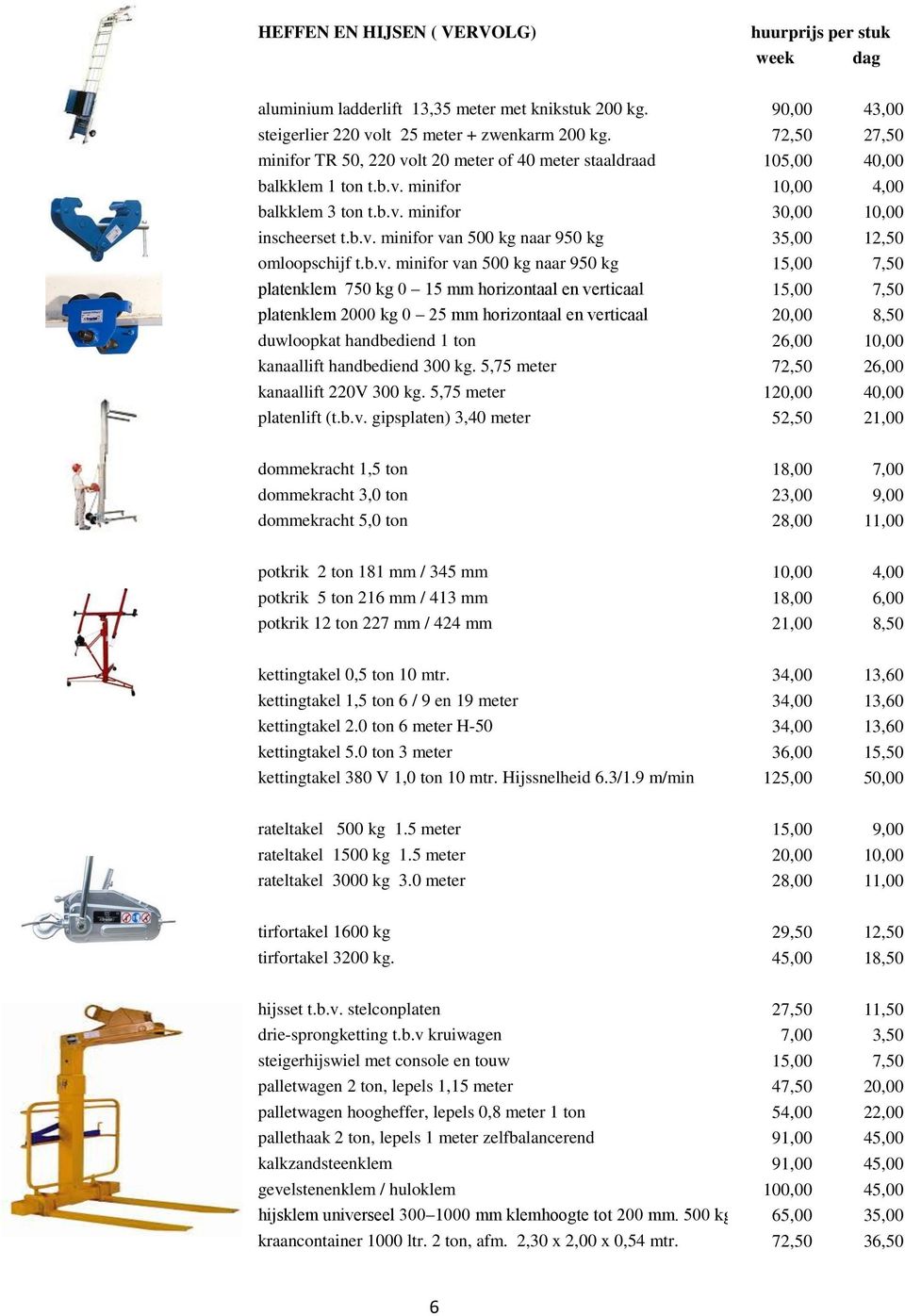 b.v. minifor van 500 kg naar 950 kg 15,00 7,50 platenklem 750 kg 0 15 mm horizontaal en verticaal 15,00 7,50 platenklem 2000 kg 0 25 mm horizontaal en verticaal 20,00 8,50 duwloopkat handbediend 1