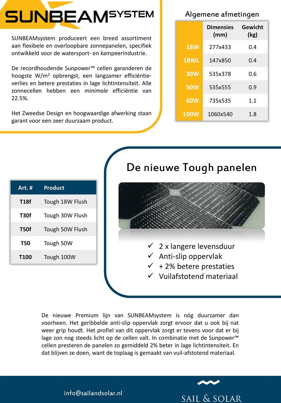Alle zonnecellen hebben een minimale efficiëntie van 22.5%. Het Zweedse Design en hoogwaardige afwerking staan garant voor een zeer duurzaam product. Dimensies (mm) Gewicht (kg) 18W 277x433 0.