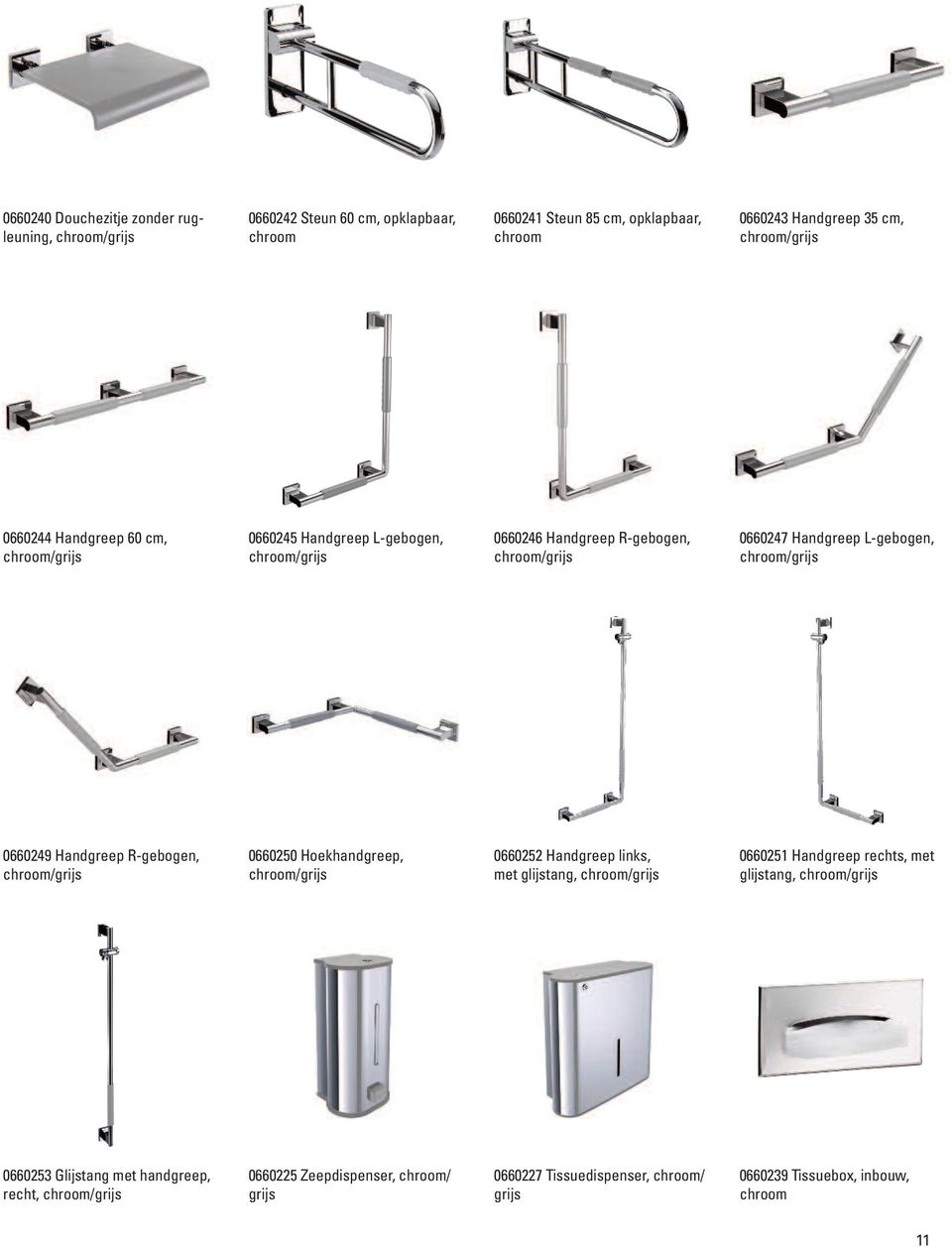0660249 Handgreep R-gebogen, /grijs 0660250 Hoekhandgreep, /grijs 0660252 Handgreep links, met glijstang, /grijs 0660251 Handgreep rechts, met