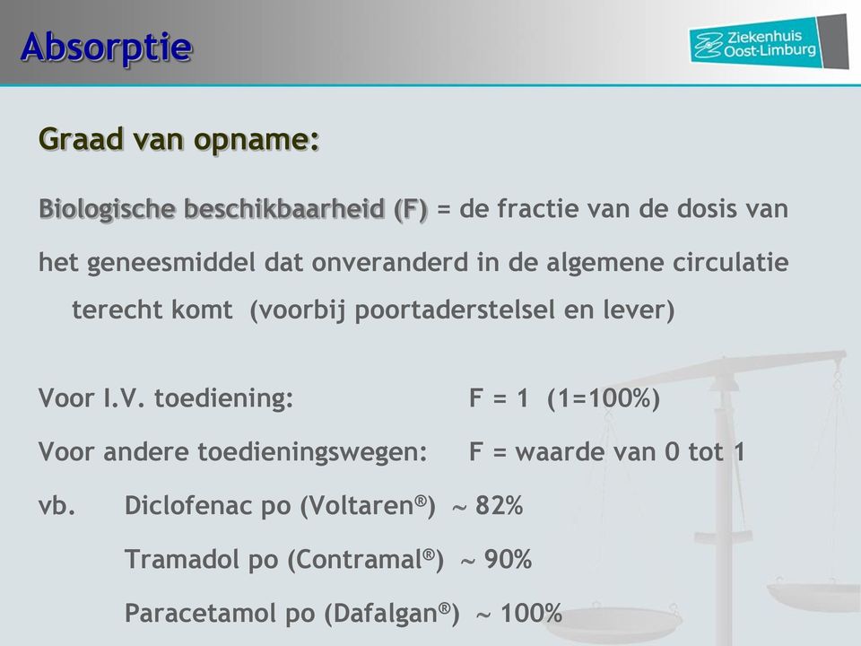 en lever) Voor I.V. toediening: F = 1 (1=100%) Voor andere toedieningswegen: F = waarde van 0 tot 1 vb.