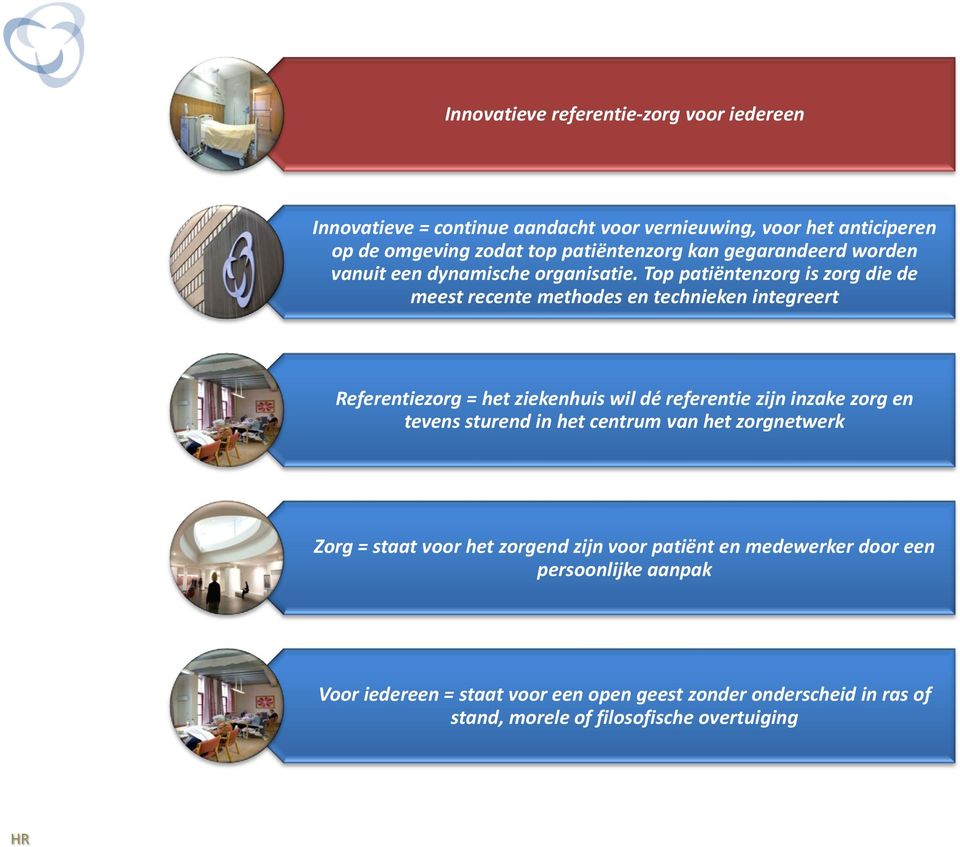 Top patiëntenzorg is zorg die de meest recente methodes en technieken integreert Referentiezorg = het ziekenhuis wil dé referentie zijn inzake zorg en