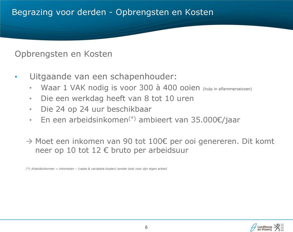 een arbeidsinkomen (*) ambieert van 35.000 /jaar Moet een inkomen van 90 tot 100 per ooi genereren.