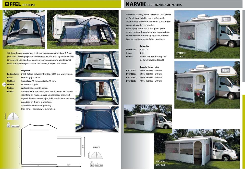 7 Vrijstaande caravan/camper tent voorzien van een afritsbare 6-7 mm Grijs ETCT0072 pees voor bevestiging caravan en cassette luifel. Incl.