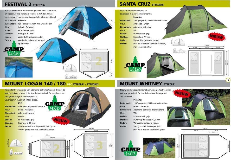 190T polyester, 2000 mm waterkolom 190T polyester, 1000 mm waterkolom Antraciet - Groen Kobalt - Antraciet Ademend polyester Wit Fiberglas ø 7 mm Ventilatie, opbergzak en snel op te zetten 205 cm