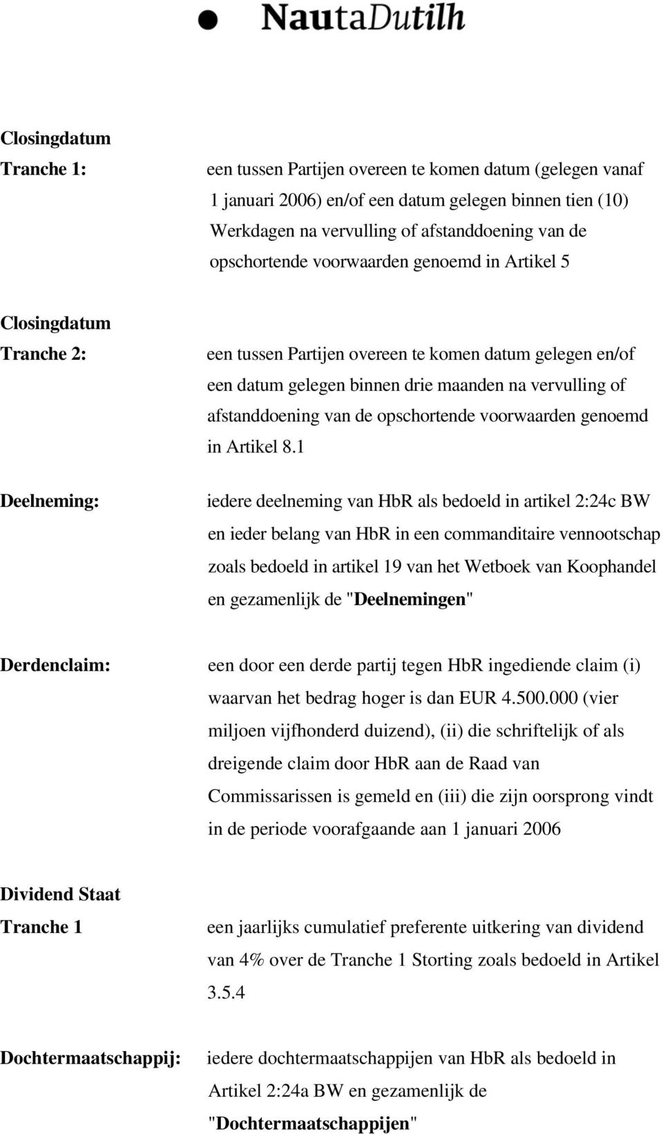 afstanddoening van de opschortende voorwaarden genoemd in Artikel 8.