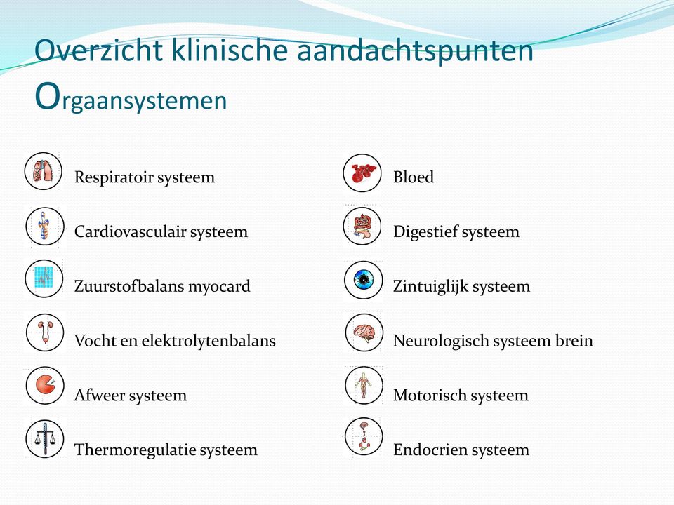 Zintuiglijk systeem Vocht en elektrolytenbalans Neurologisch systeem