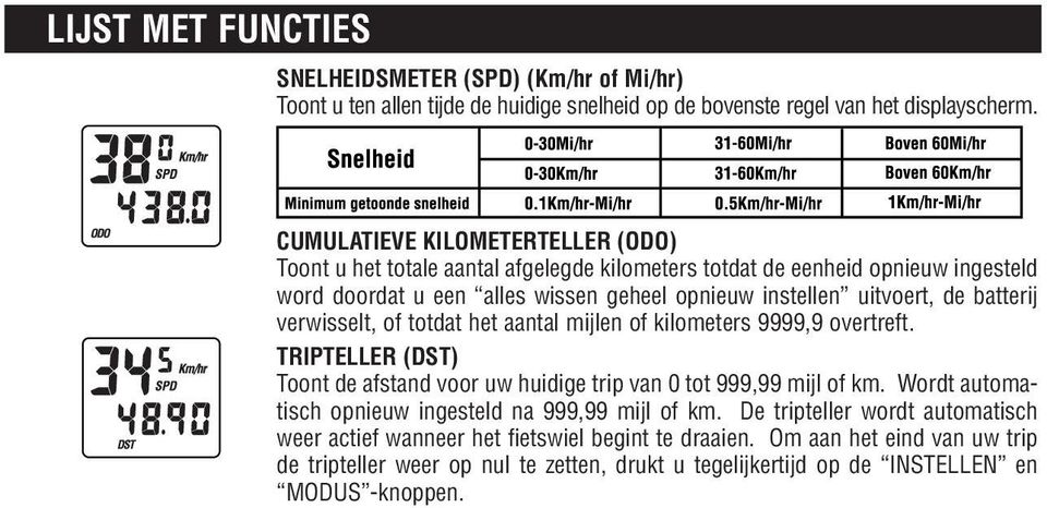 batterij verwisselt, of totdat het aantal mijlen of kilometers 9999,9 overtreft. TRIPTELLER (DST) Toont de afstand voor uw huidige trip van 0 tot 999,99 mijl of km.