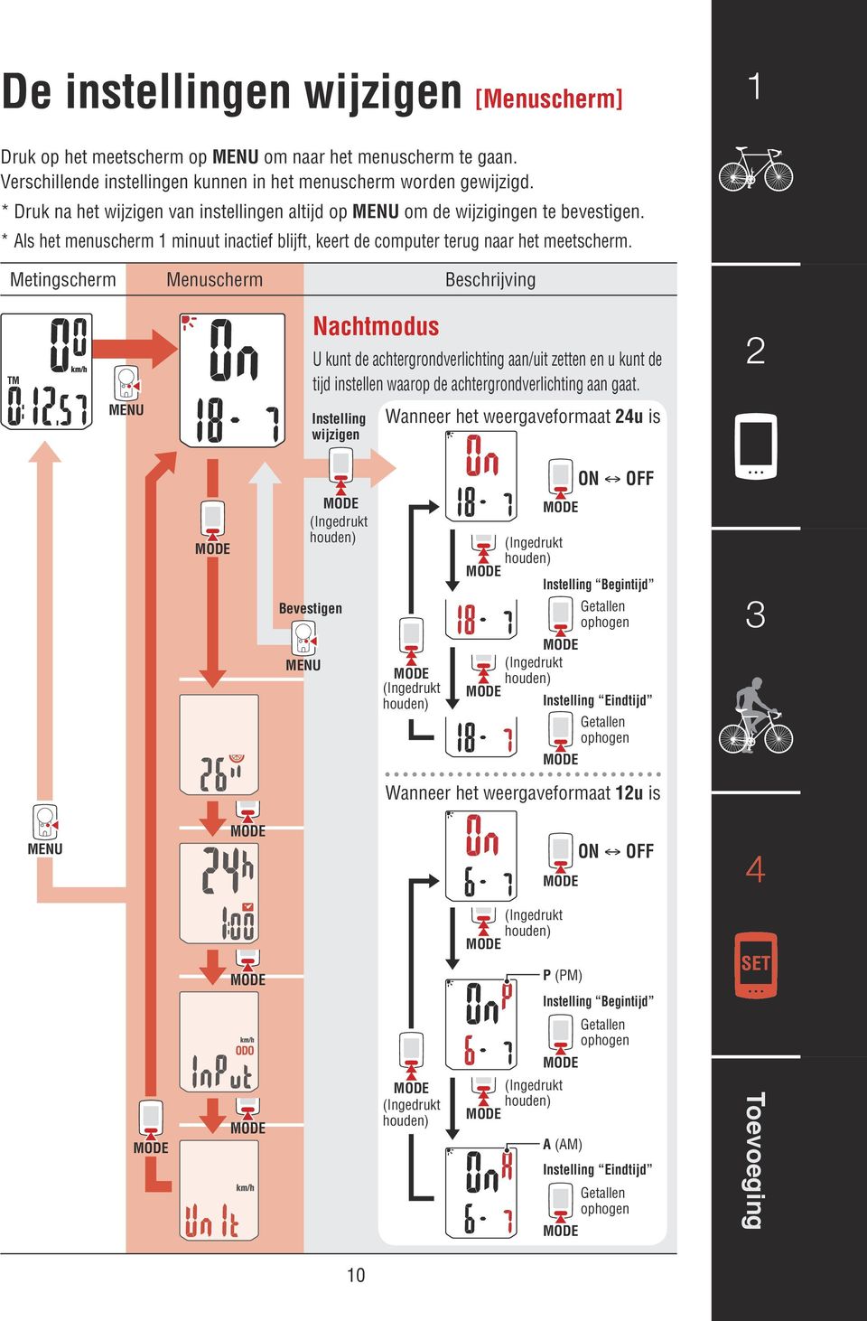 Metingscherm Menuscherm Beschrijving Nachtmodus U kunt de achtergrondverlichting aan/uit zetten en u kunt de tijd instellen waarop de achtergrondverlichting aan gaat.