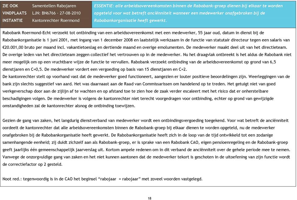 Rabobank Roermond-Echt verzoekt tot ontbinding van een arbeidsovereenkomst met een medewerker, 55 jaar oud, datum in dienst bij de Rabobankorganisatie is 1 juni 2001, met ingang van 1 december 2008