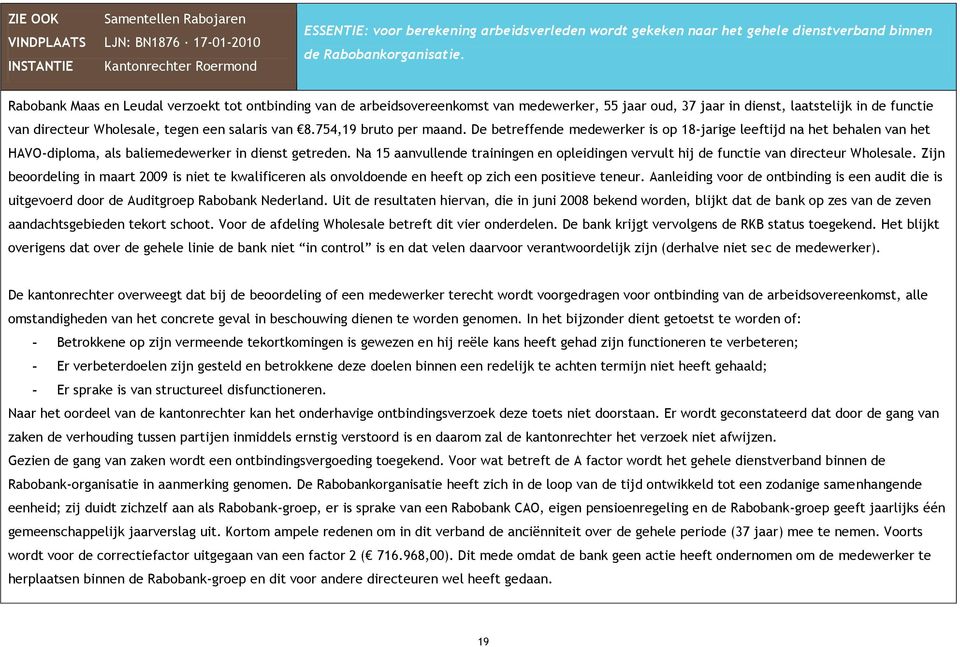 Rabobank Maas en Leudal verzoekt tot ontbinding van de arbeidsovereenkomst van medewerker, 55 jaar oud, 37 jaar in dienst, laatstelijk in de functie van directeur Wholesale, tegen een salaris van 8.