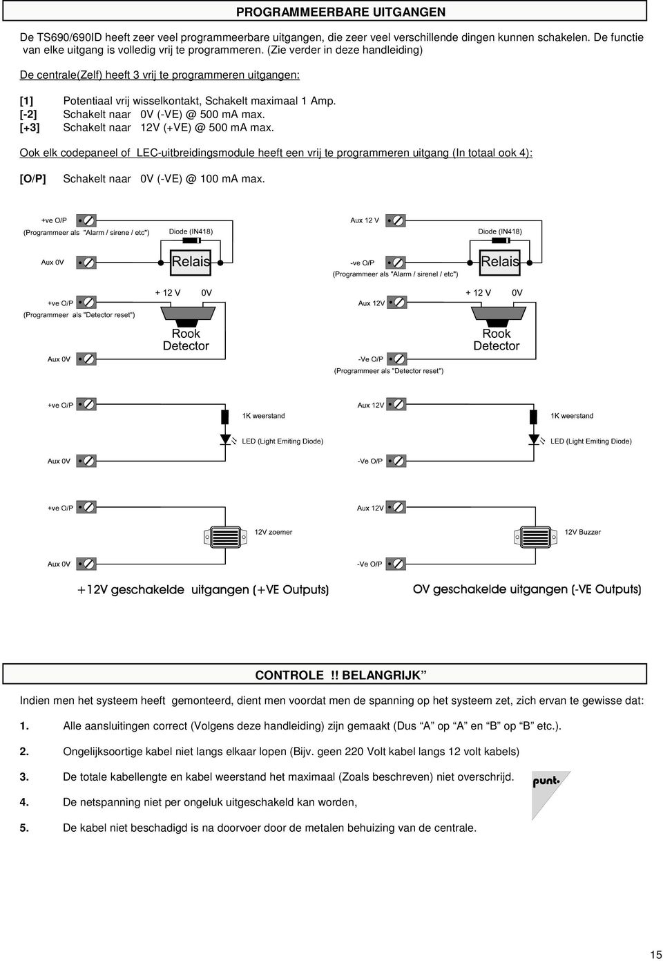 [+3] Schakelt naar 12V (+VE) @ 500 ma max. Ook elk codepaneel of LEC-uitbreidingsmodule heeft een vrij te programmeren uitgang (In totaal ook 4): [O/P] Schakelt naar 0V (-VE) @ 100 ma max. CONTROLE!