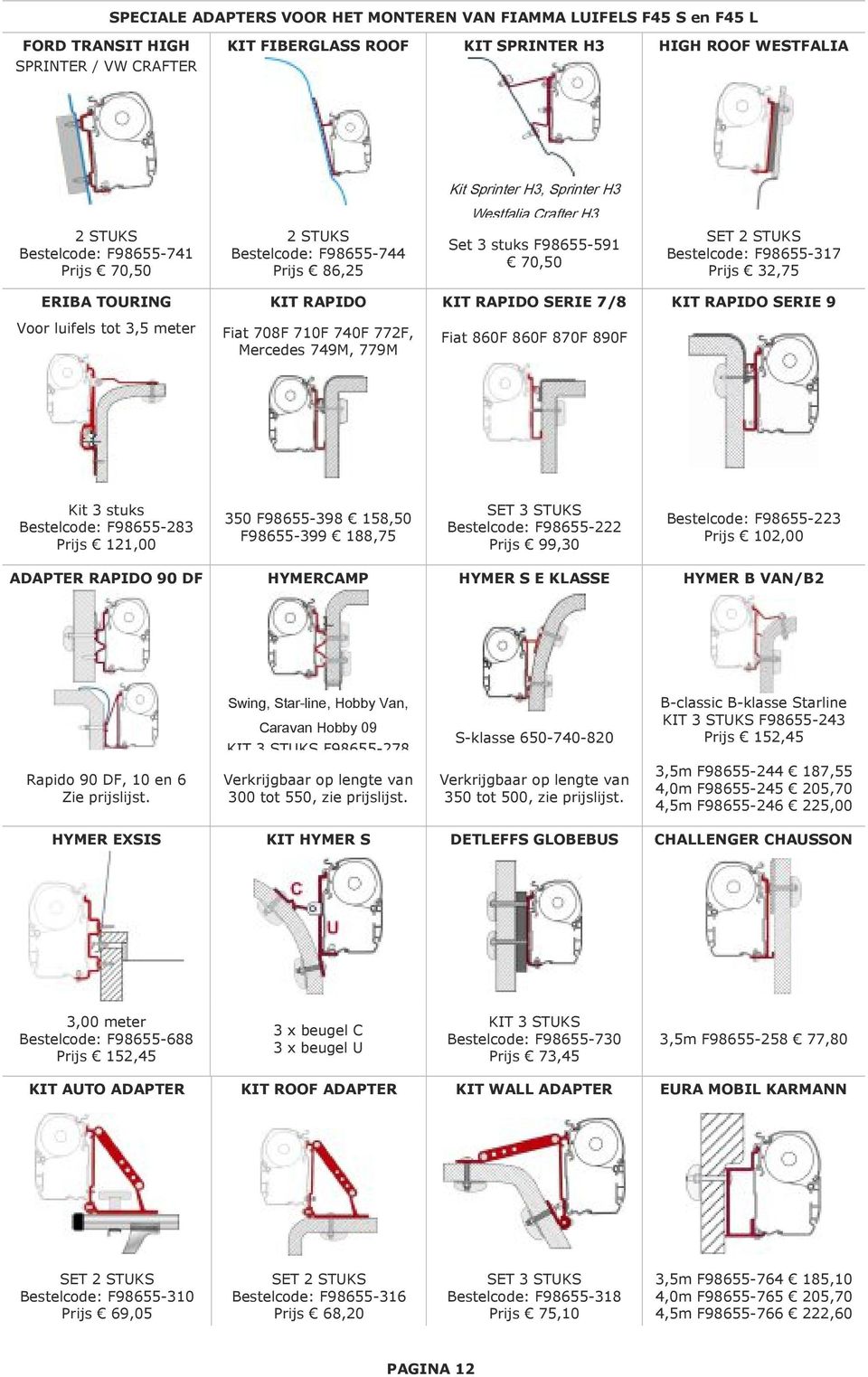 SERIE 9 Voor luifels tot 3,5 meter Fiat 708F 710F 740F 772F, Mercedes 749M, 779M Fiat 860F 860F 870F 890F Kit 3 stuks : F98655-283 Prijs 121,00 350 F98655-398 158,50 F98655-399 188,75 SET 3 STUKS :