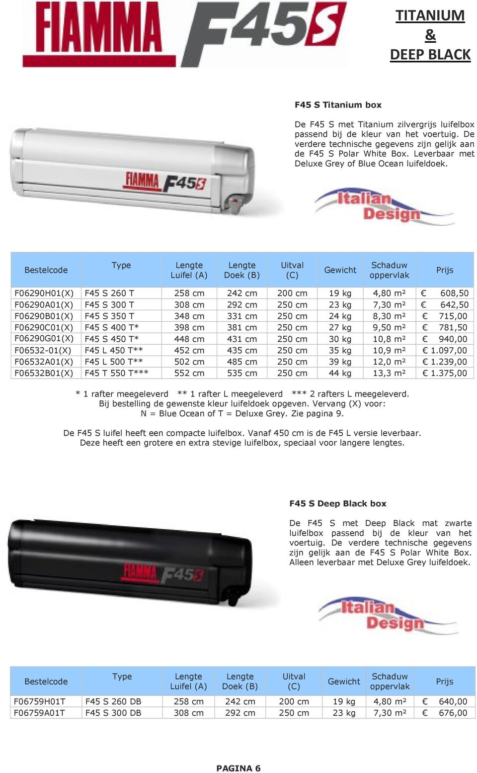 Type Luifel (A) Doek (B) Uitval (C) Gewicht Schaduw oppervlak Prijs F06290H01(X) F45 S 260 T 258 cm 242 cm 200 cm 19 kg 4,80 m² 608,50 F06290A01(X) F45 S 300 T 308 cm 292 cm 250 cm 23 kg 7,30 m²