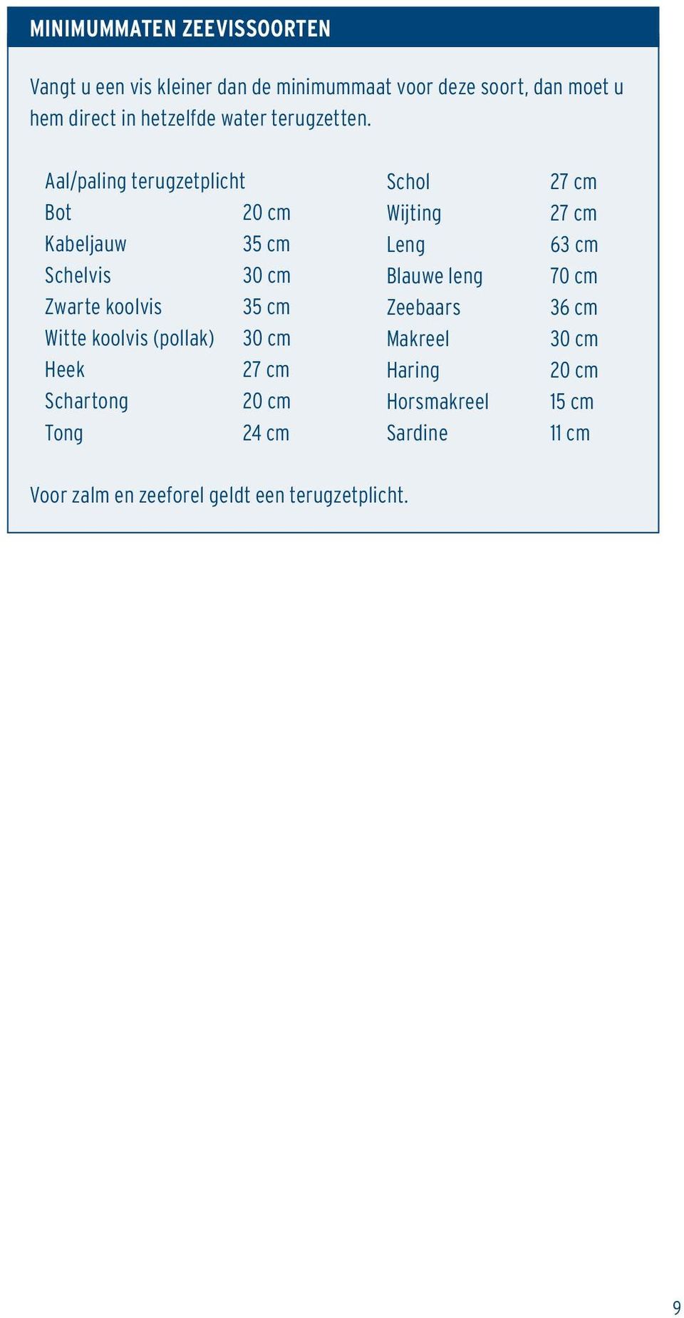 Aal/paling terugzetplicht Bot 20 cm Kabeljauw 35 cm Schelvis 30 cm Zwarte koolvis 35 cm Witte koolvis (pollak) 30 cm