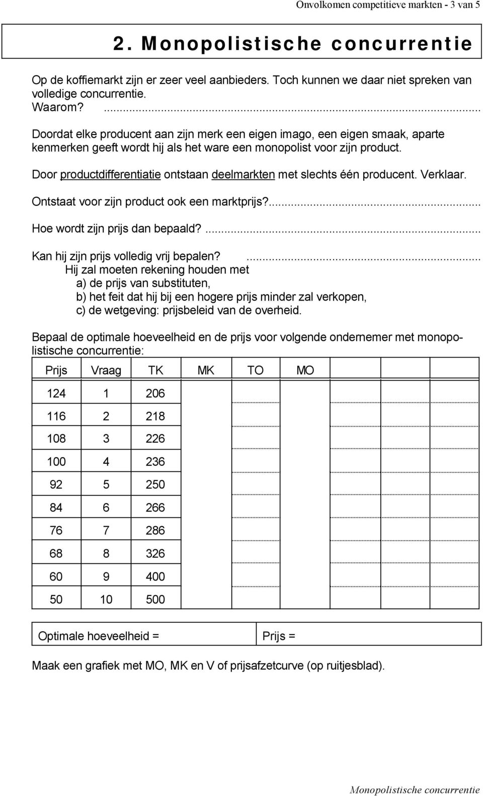 Door productdifferentiatie ontstaan deelmarkten met slechts één producent. Verklaar. Ontstaat voor zijn product ook een marktprijs?... Hoe wordt zijn prijs dan bepaald?