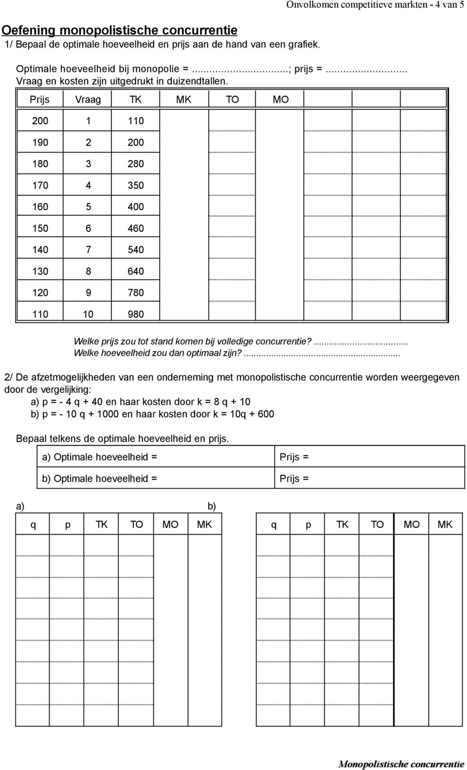 Prijs Vraag TK MK TO MO 200 1 110 190 2 200 180 3 280 170 4 350 160 5 400 150 6 460 140 7 540 130 8 640 120 9 780 110 10 980 Welke prijs zou tot stand komen bij volledige concurrentie?